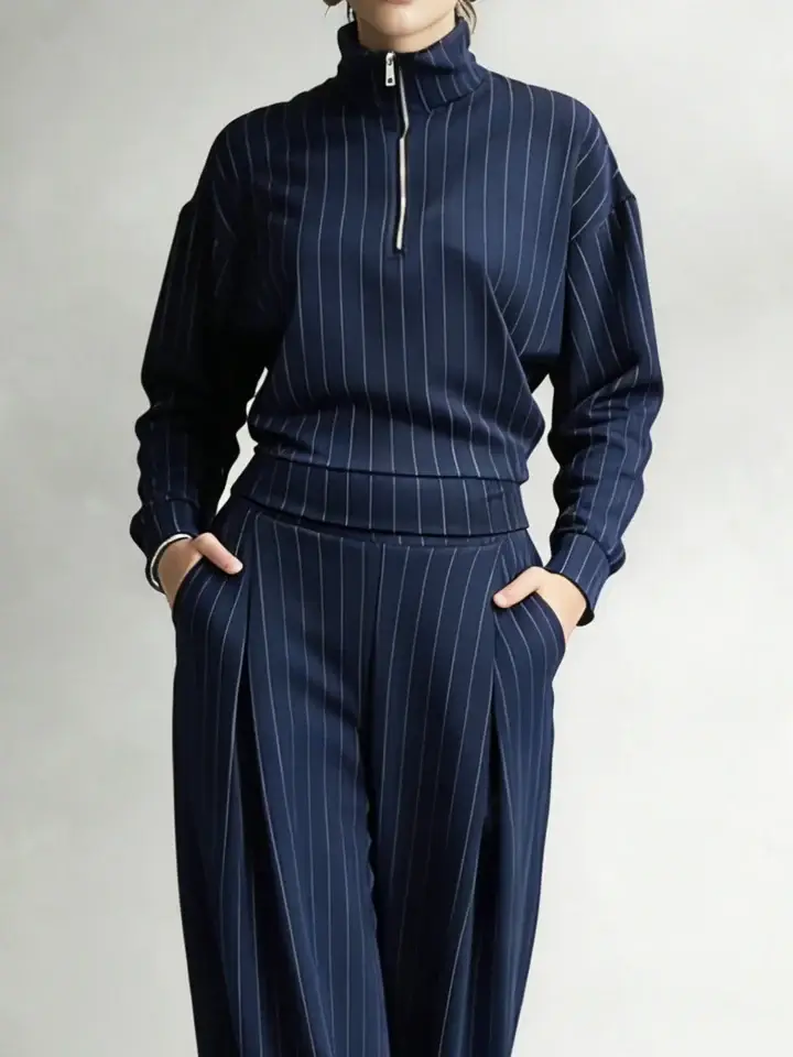 🔥Summer Arrivals🌟Women's Striped Stretch Cotton Half-zip Top And Wide-leg Pants Two-piece Set