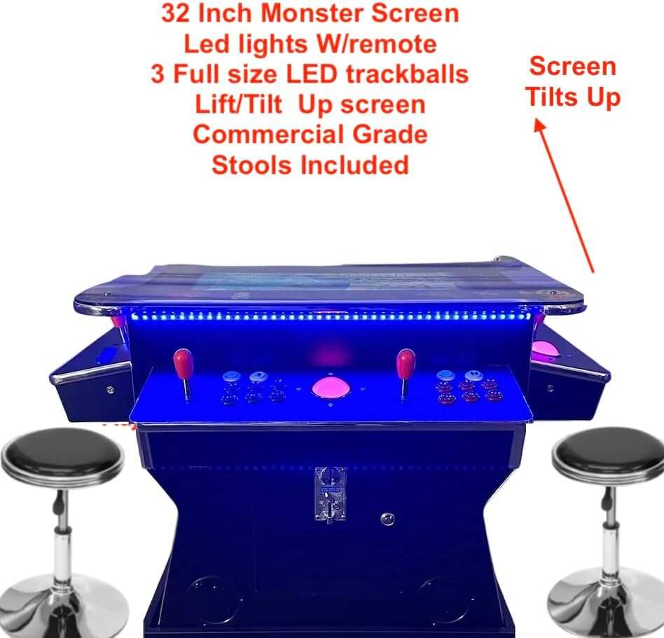 Full Size Commercial Grade Cocktail Arcade Machine 4500 Games Lift Up / Tilt Screen Monster 32 inch Screen Tempered Glass 2 Stools Included 5 year Warranty Black Chrome