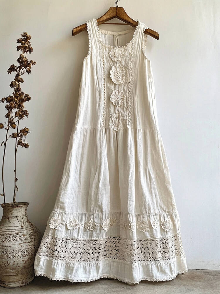 Elegant Floral Lace Cutout Design Linen Sleeveless Dress
