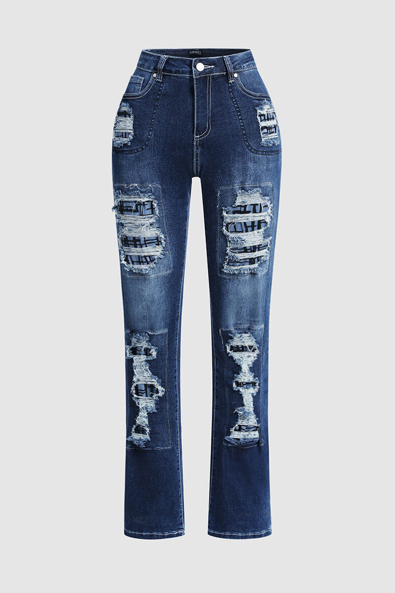 Vintage Stripe Print Ripped Mid Waist Jeans