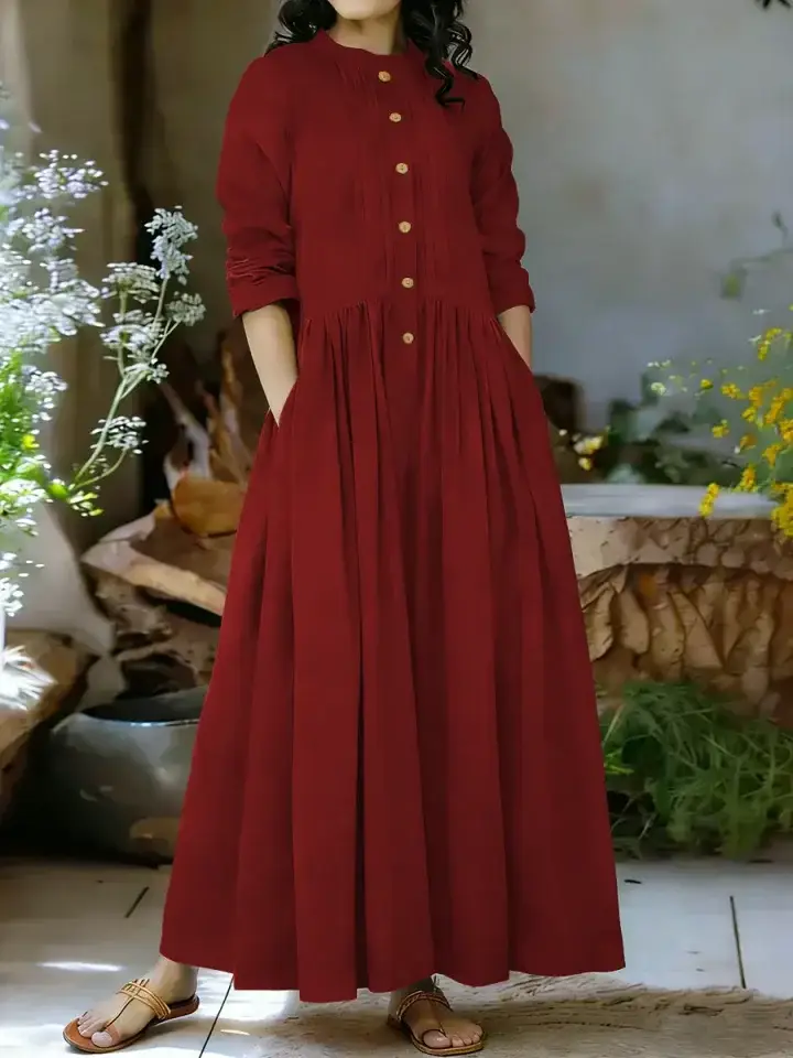 🔥Summer Arrivals🌟Women's Solid Color Stand-collar Long-sleeved Loose-fitting A-line Cotton Dress