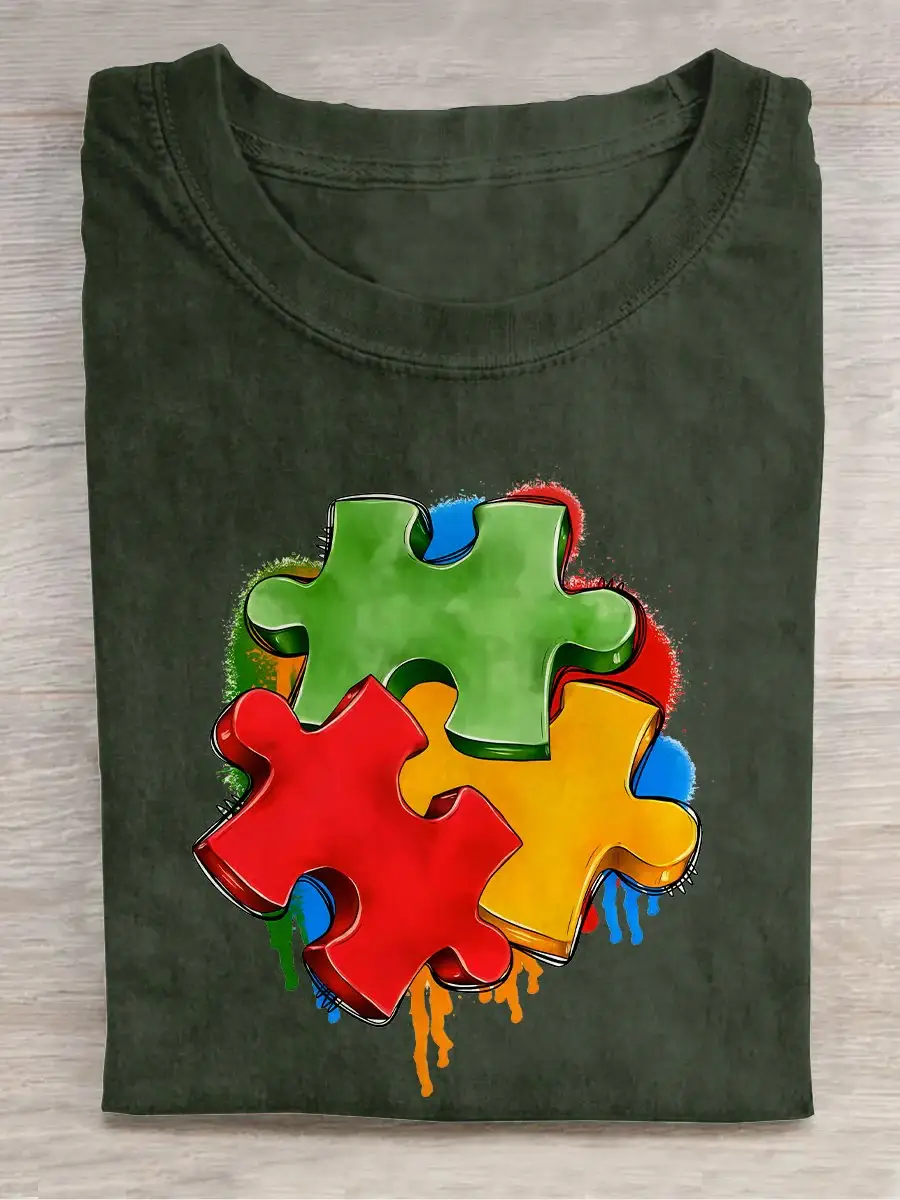 Autism Puzzle Piece Autism Awareness Casual Print T-shirt