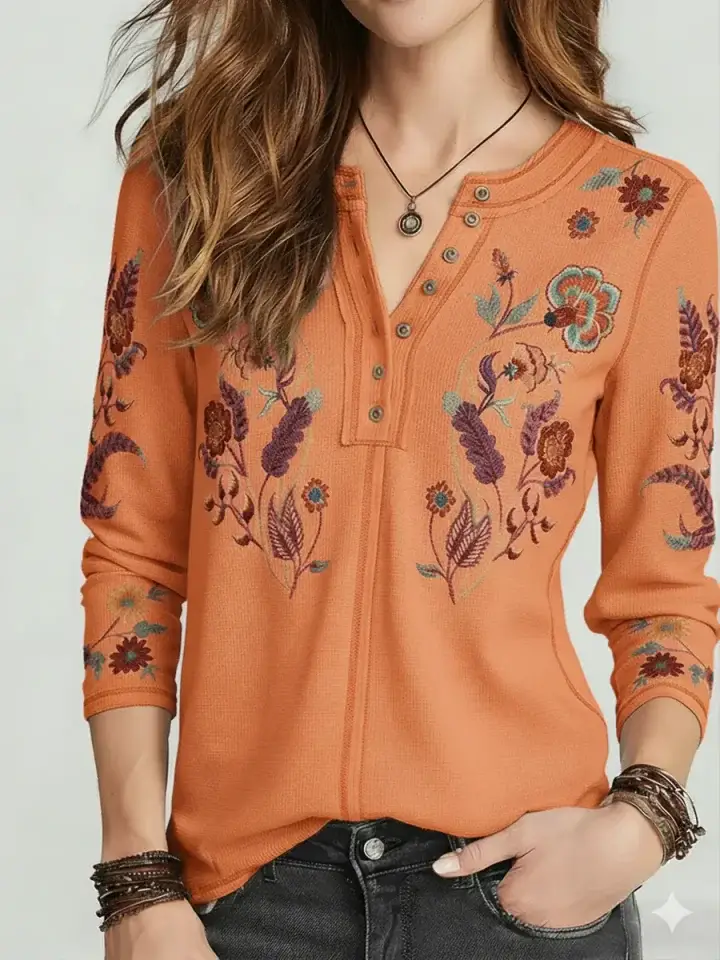 🔥Summer Arrivals🌟Women's Floral Print Stretch Knit Cotton Henley Top