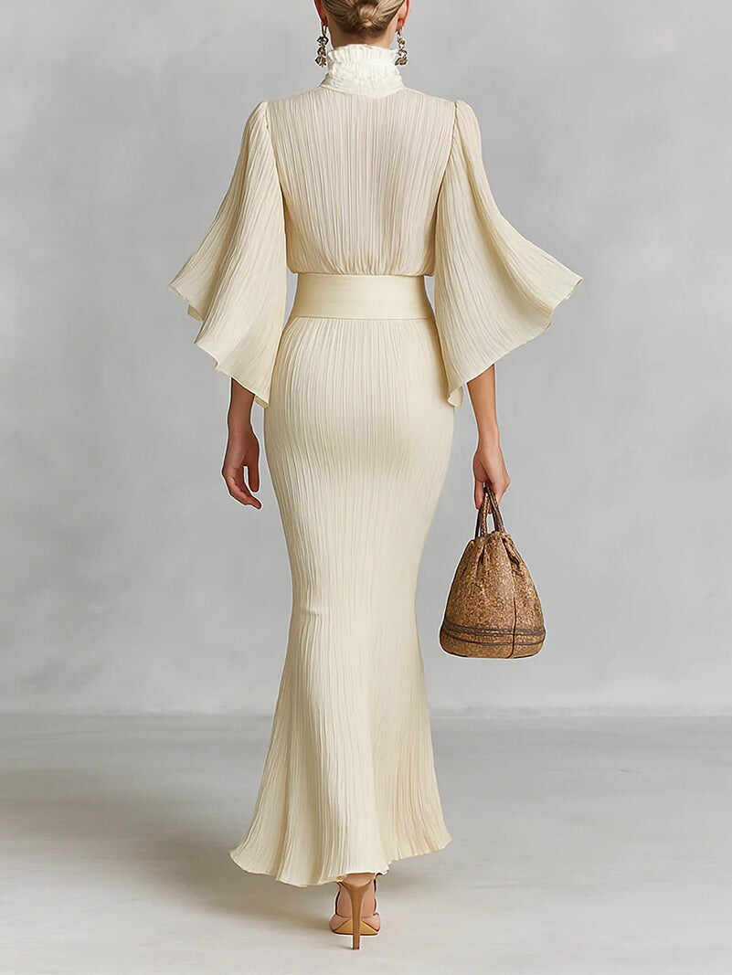 Pleated Stand Collar Trumpet Sleeve Shirt Slit Floor Length Skirt Two-piece Set