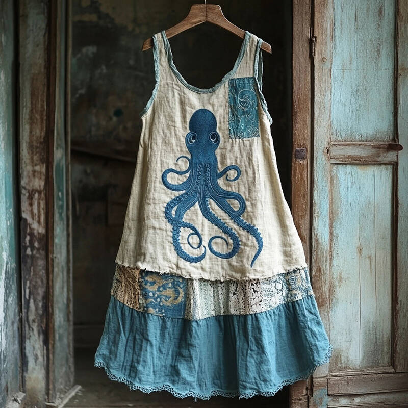 Octopus Embroidered Patchwork Art Linen Blend Dress