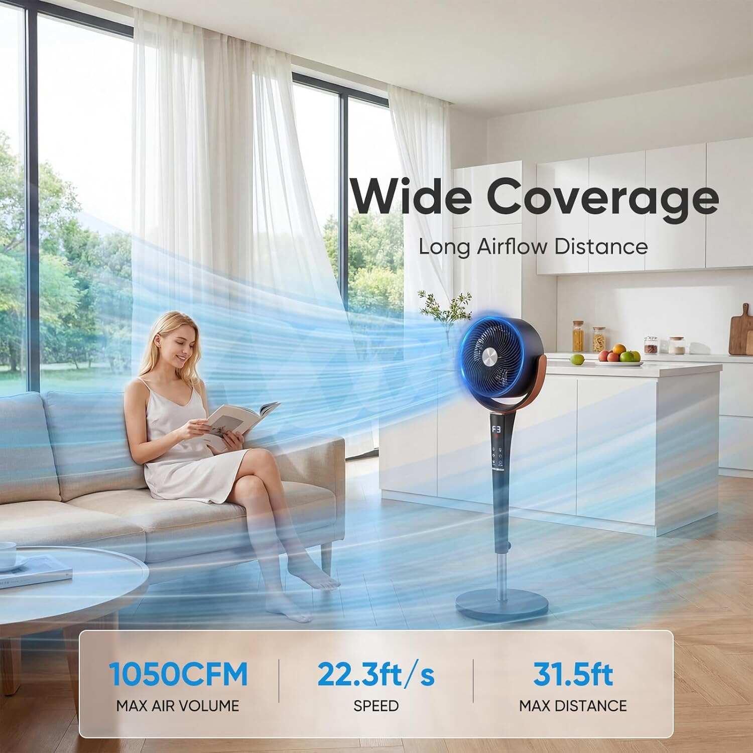Pedestal Fan for Bedroom, 1050CFM Standing Fans with DC Motor, 15 Speeds & 5 Modes, Pedestal Air Circulator 120° Omni Oscillation Digital Display & Remote, 12H Timer, 37-45