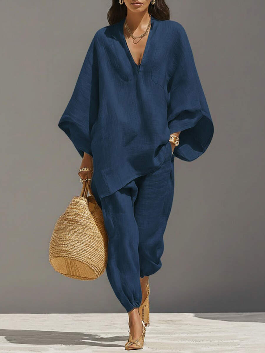 🔥Summer Arrivals🌟Women's Solid Color V-neck Long Sleeve Casual Loose Cotton Linen Top With Elastic Waist And Wide-leg Pants Set