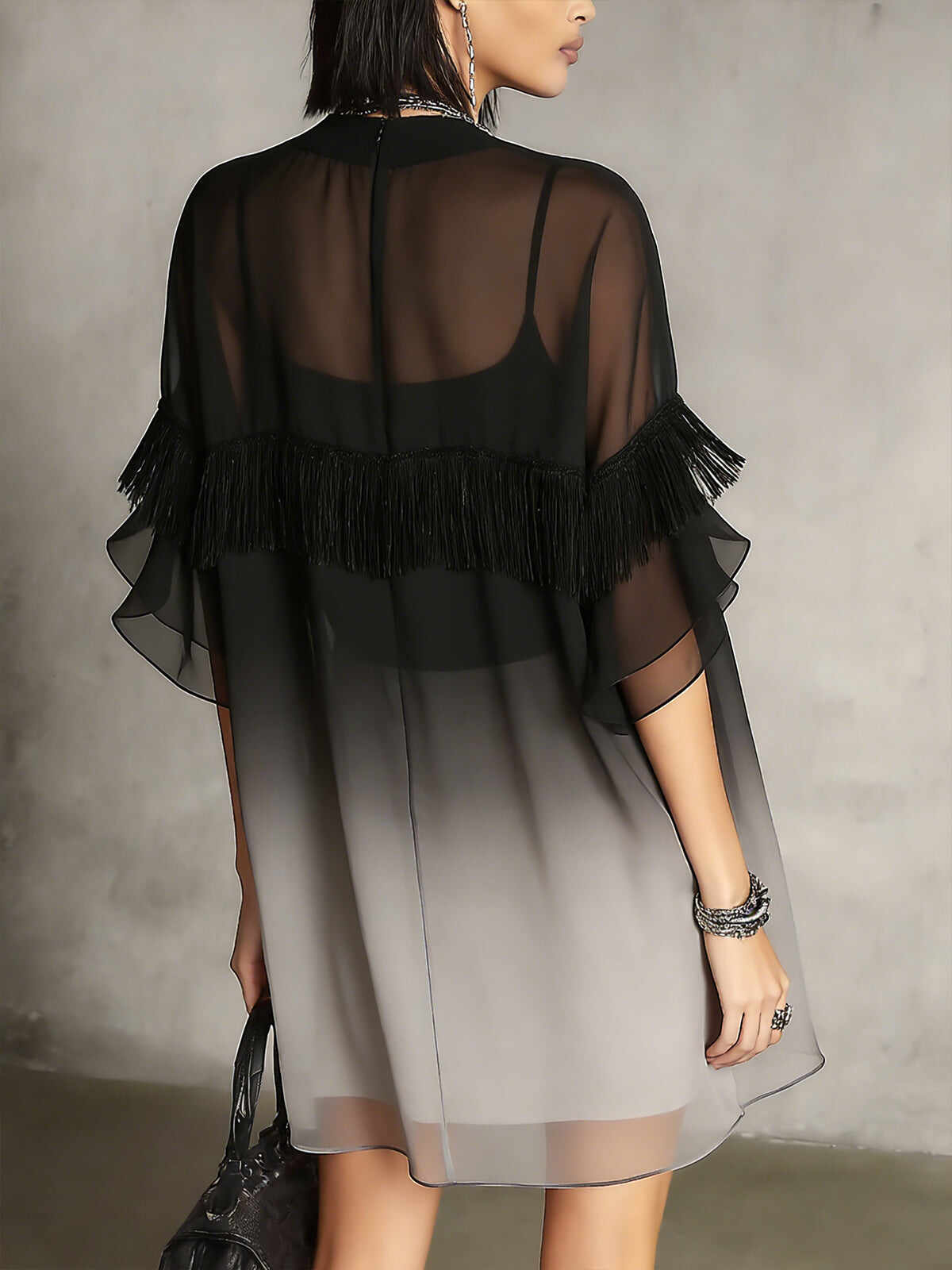 Black Ombre Sheer Fringe Detail Floaty Mini Dress