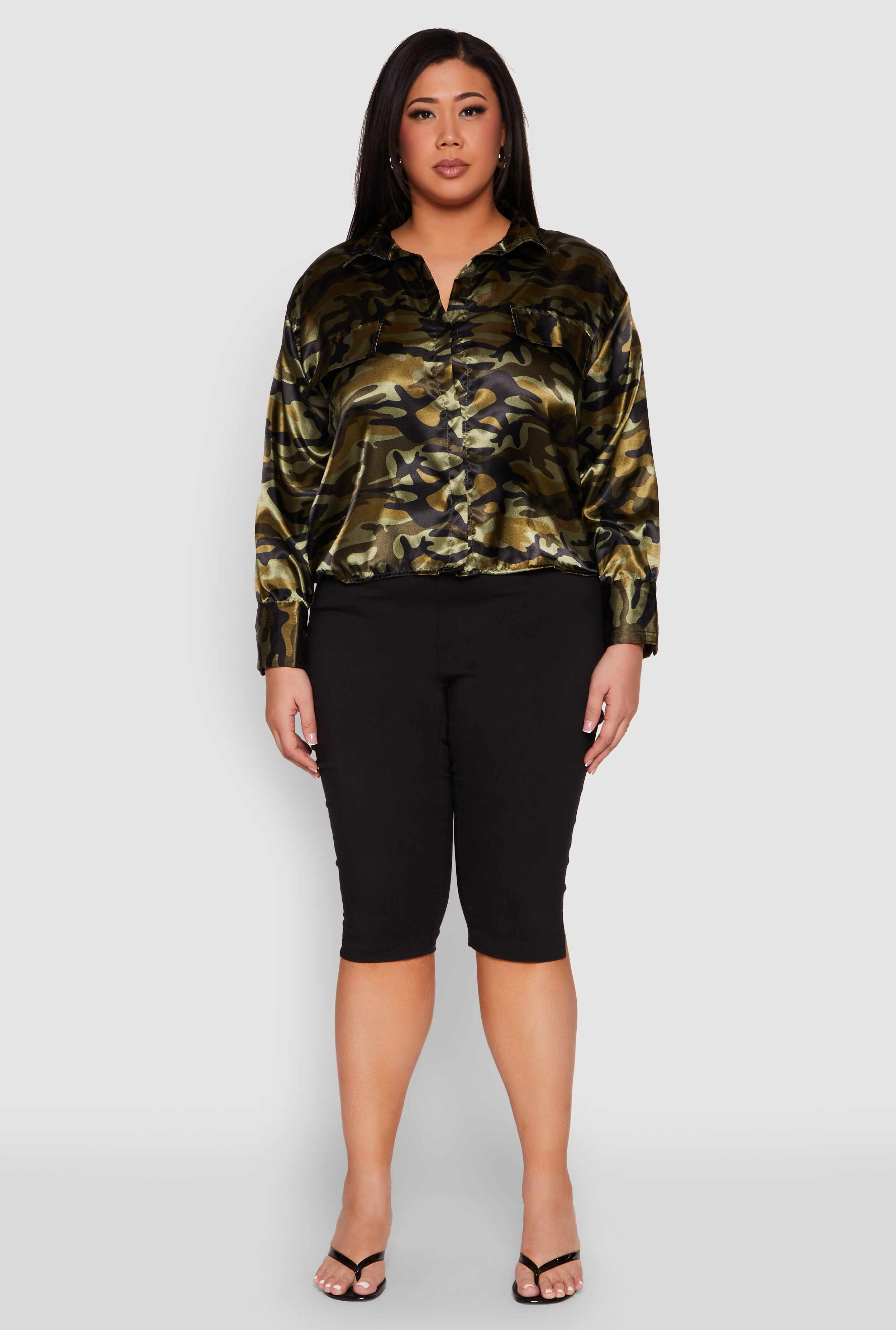 Plus Size Camo Satin Shirt
