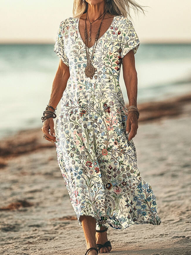 Women's Vintage Floral Art Print Pocket Cotton Dress
