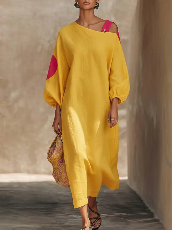 🔥Summer Arrivals🌟Casual Off-the-shoulder Color-block Loose Cotton Dress