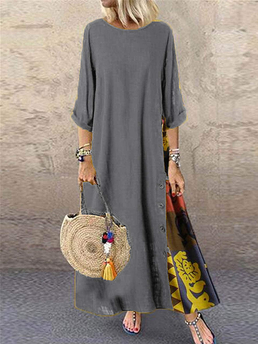 🔥Summer Arrivals🌟Women's Retro Floral Contrast Button Patchwork Cotton And Linen Casual Dress