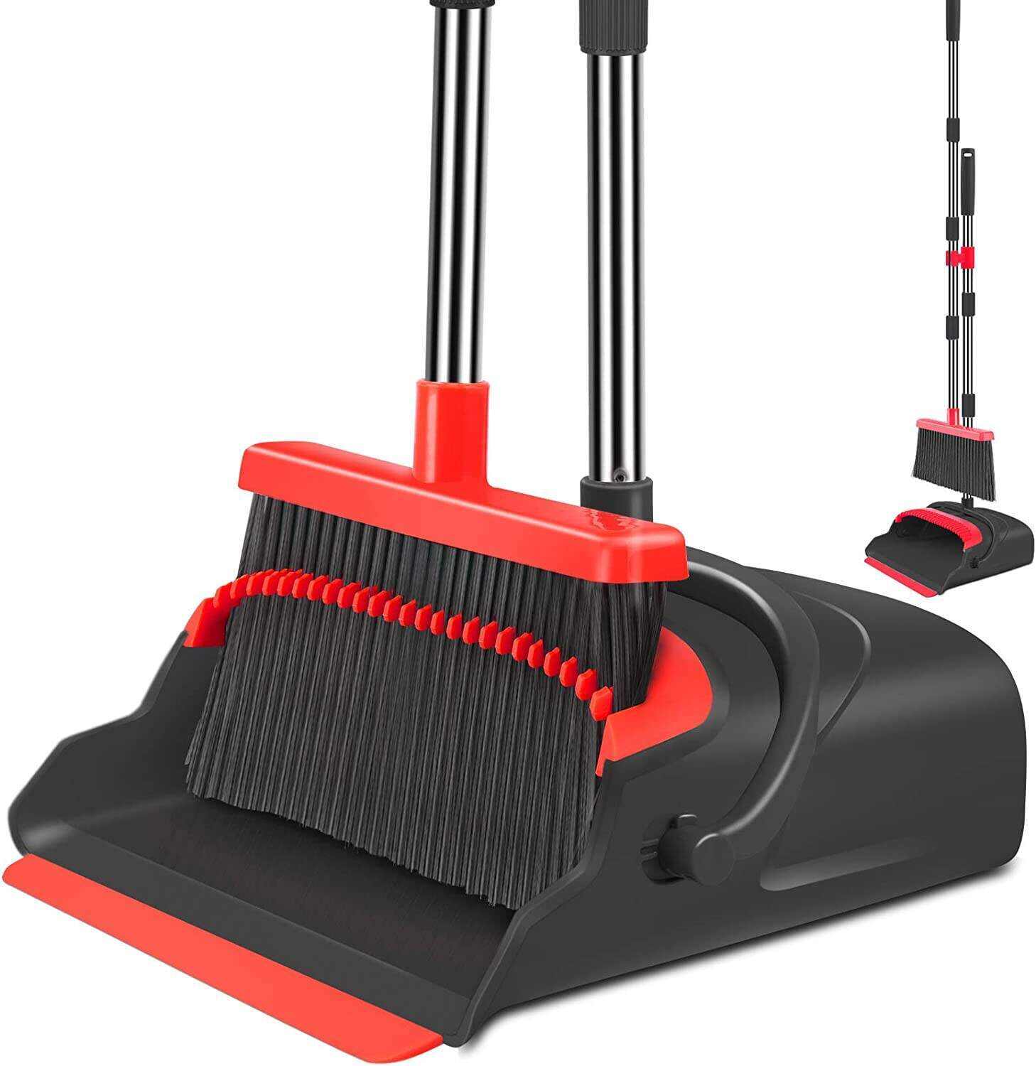 Upgrade Broom and Dustpan Set, Self-Cleaning with Dustpan Teeth, Ideal for Dog Cat Pets Home Use, Super Long Handle Upright Stand Up Broom and Dustpan Set (Gray&Orange)