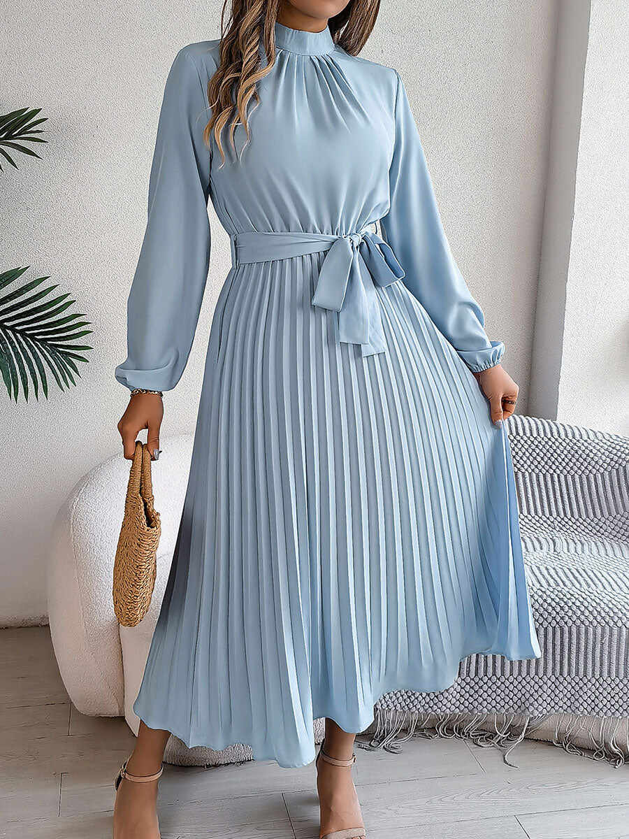 🔥Summer Arrivals🌟Women's Stand-up Collar Long-sleeved Lace Up Pleated Dress