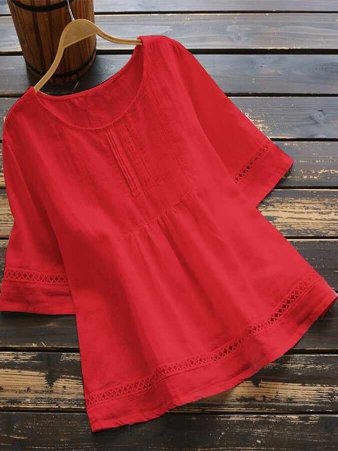 Women's Solid Color Round Neck Patchwork Hollow Out Shirt