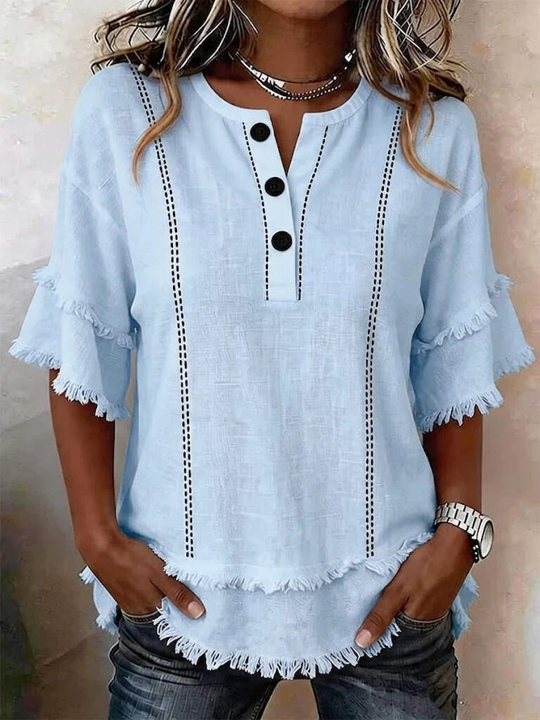 New Printed Button-Front Henley Frayed Lace Trim Top