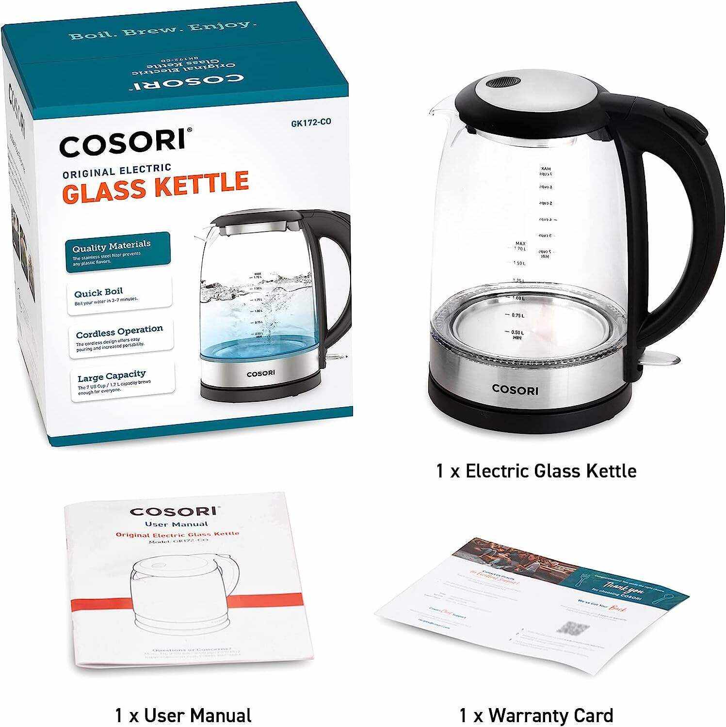 Electric Kettle with Stainless Steel Filter and Inner Lid, 1500W Wide Opening 1.7L Glass Tea Kettle & Hot Water Boiler, LED Indicator Auto Shut-Off & Boil-Dry Protection, BPA Free, Matte Black