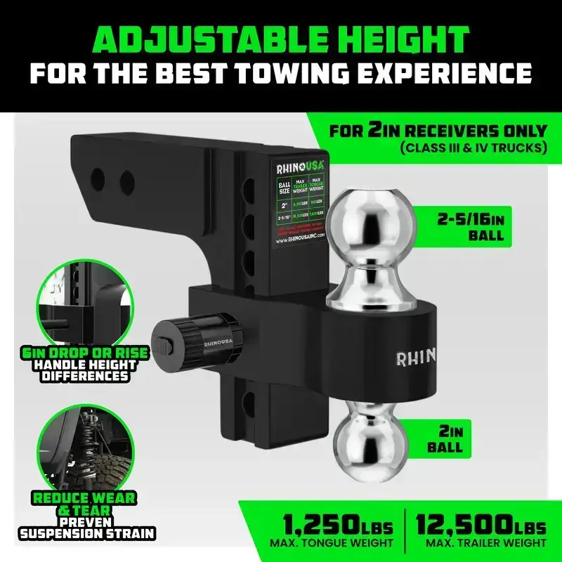 Adjustable Trailer Hitch 2 inch Receiver - Heavy Duty Aluminum Drop Hitch with 12,500lb GTW Towing Capacity for Hauling Heavy Trucks, RV, Trailer, Camper