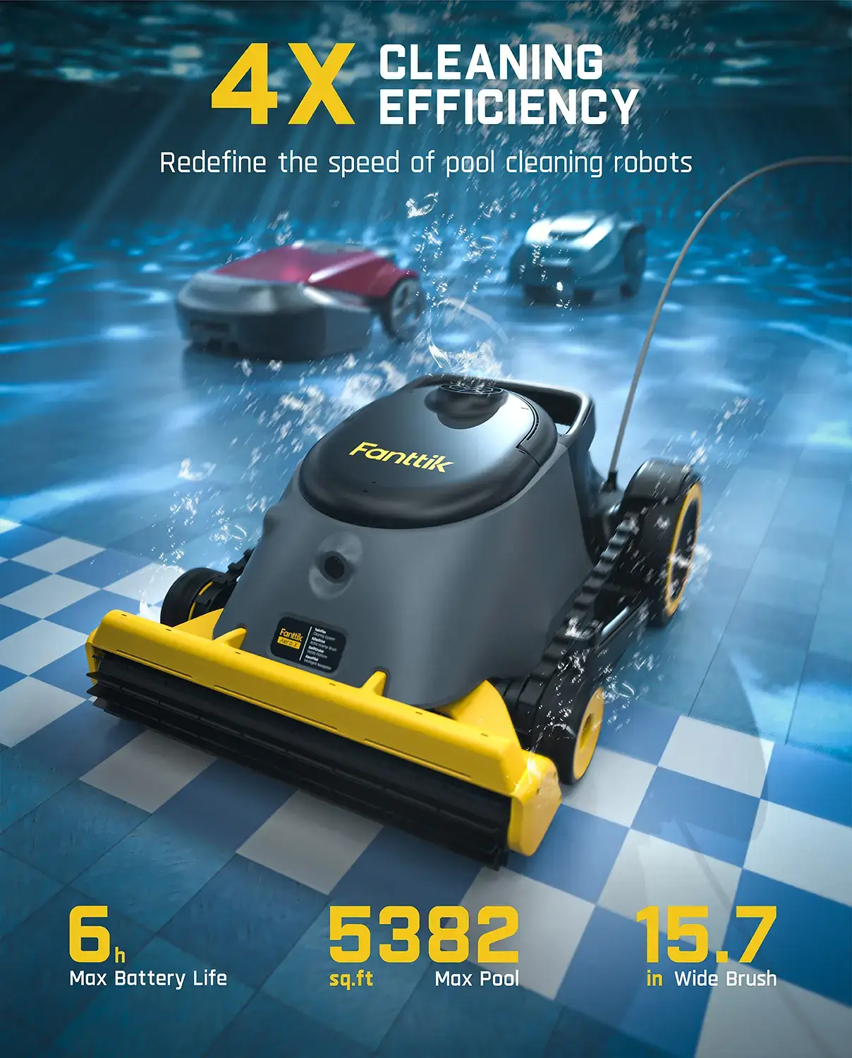 Cordless Robotic Pool Vacuum Cleaner | Horizontal Waterline Cleaning, 4X Efficiency, 6H Working Time, APP & Remote Control, Cleans Walls & Floors Up To 5382 Sq.ft