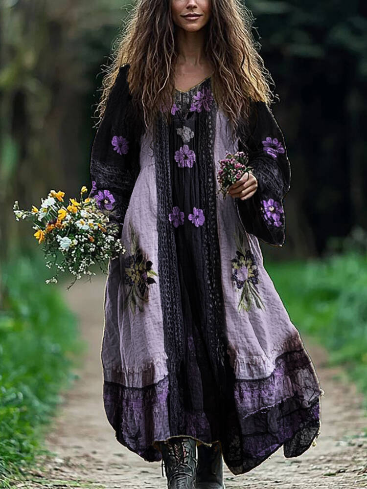 Purple Floral Lace Hem Patchwork Flowy Linen Dress