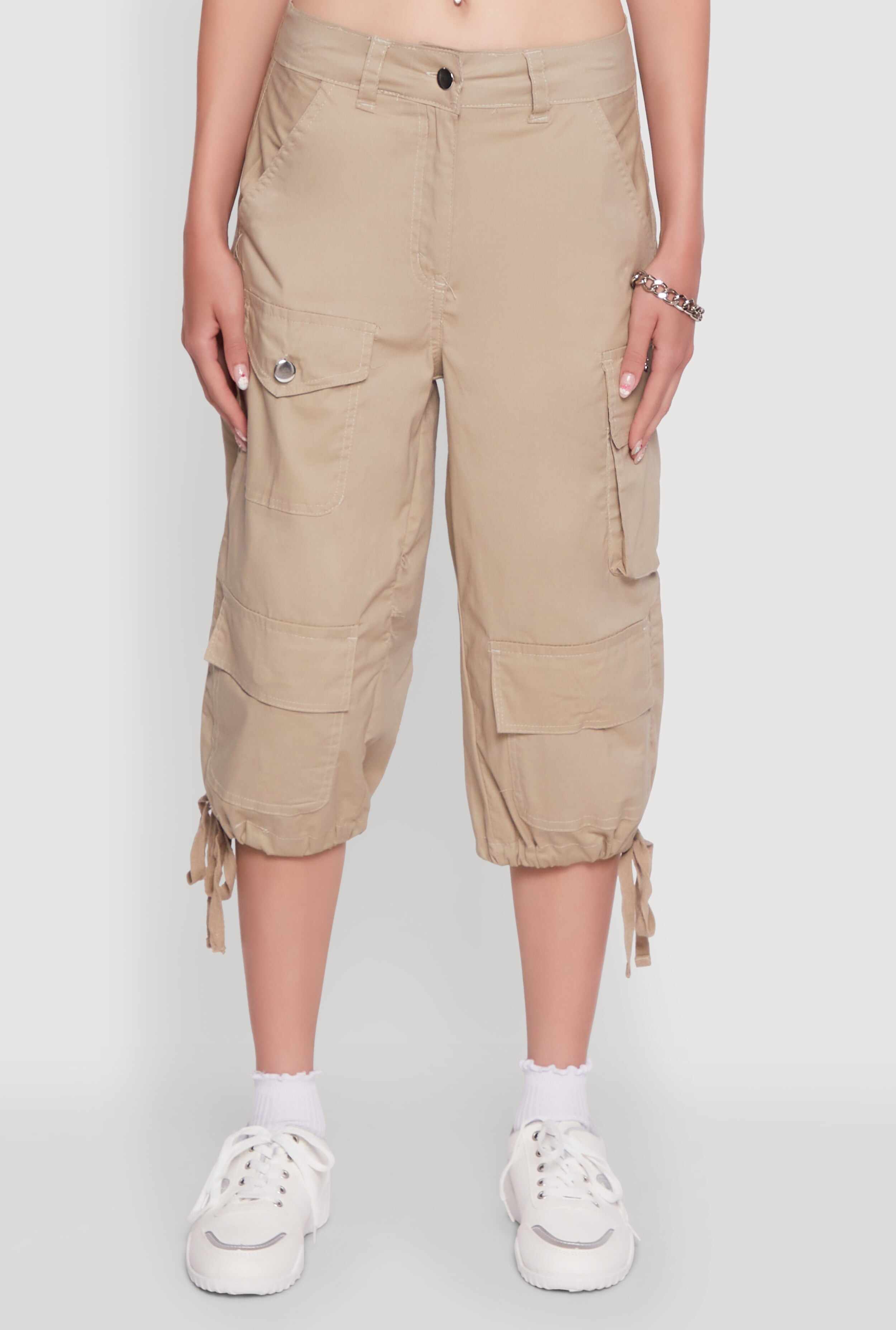 Trendy Cargo Pocket Drawstring Hem Capris Pants