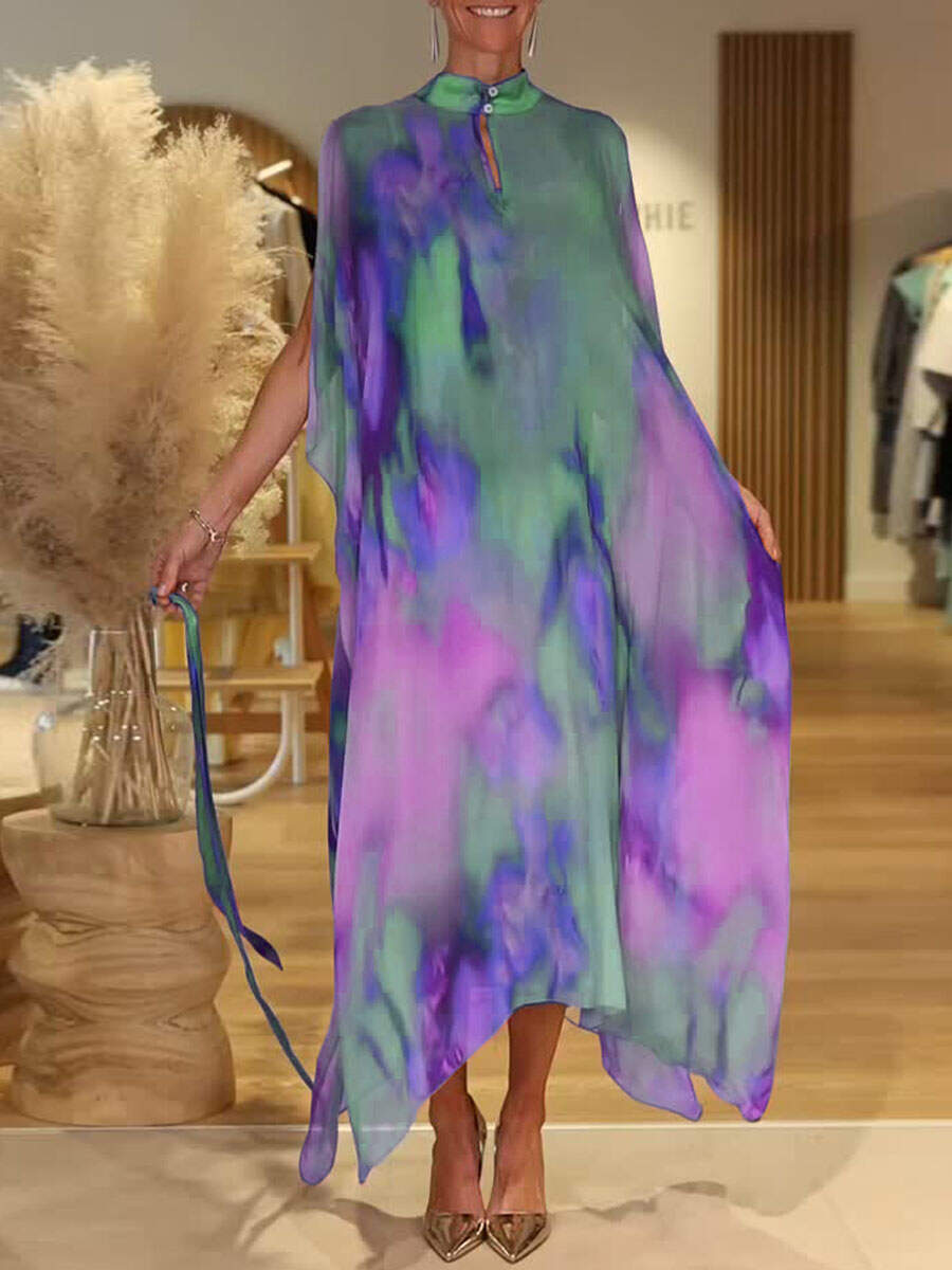 🔥Summer Arrivals🌟Women's Colorful Tie-Dye Stand Collar Sleeveless Casual Loose Chiffon Dress