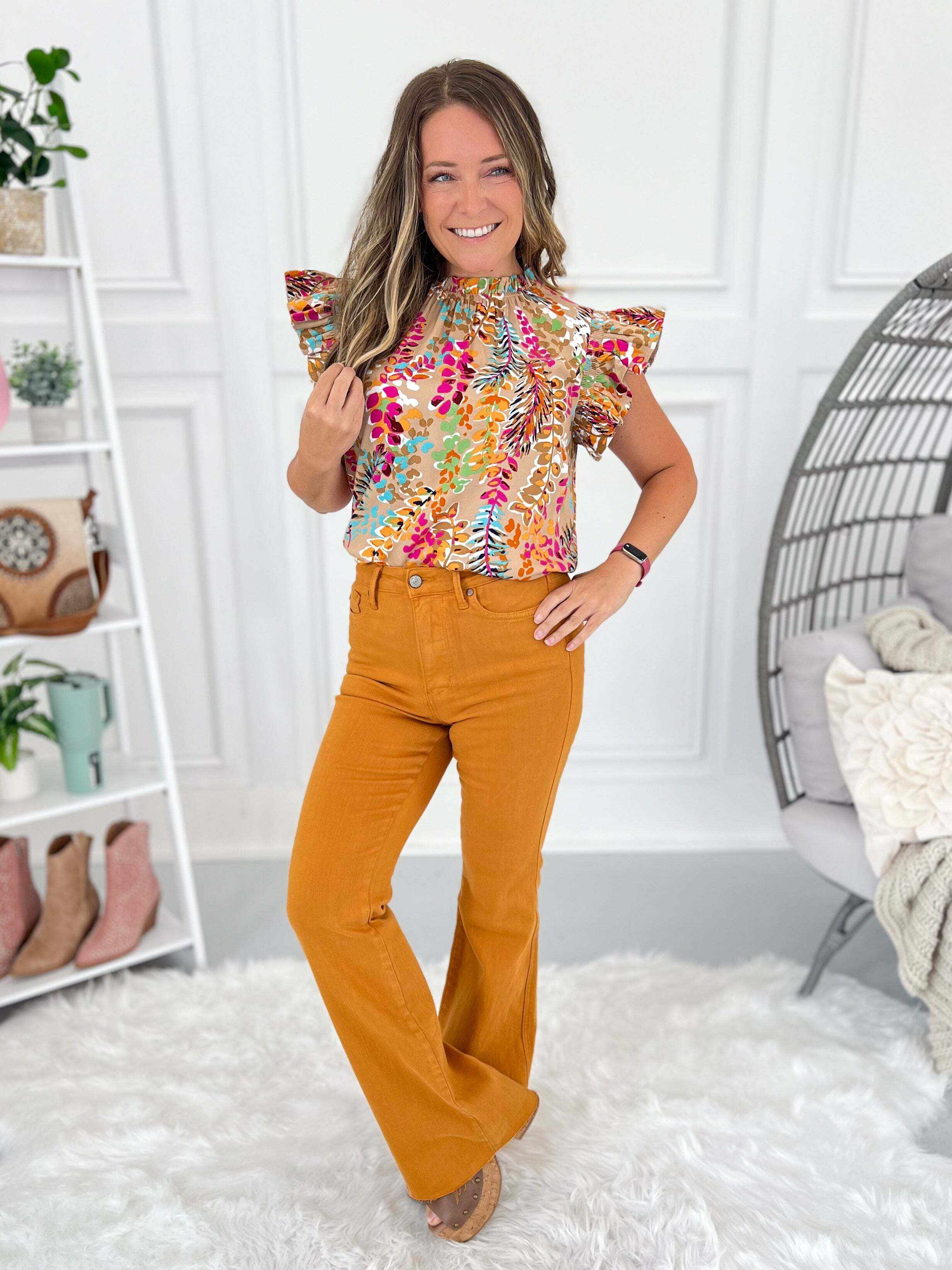 Christmas Tummy Control Marigold Dyed Flare Jeans- Final Sale
