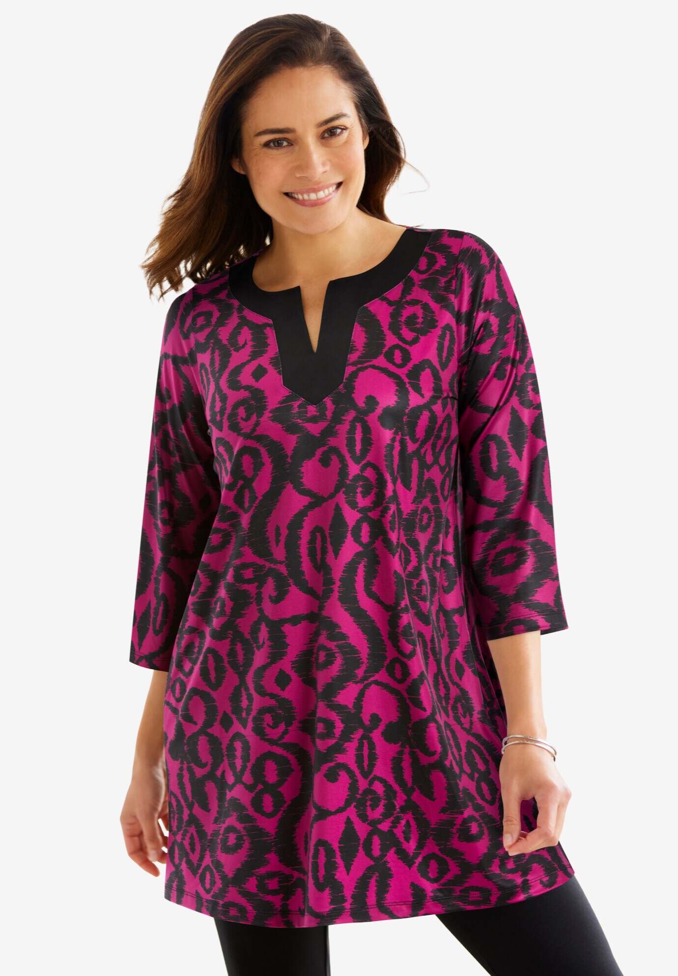 Contrast Notch-Neck Three-Quarter Sleeve Knit Tunic