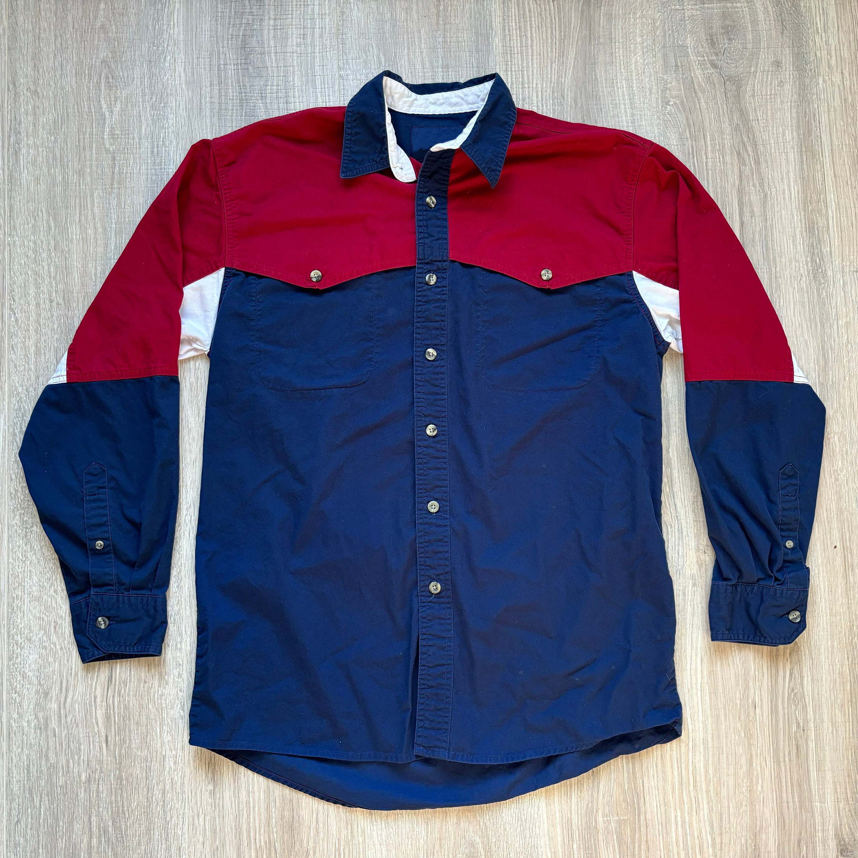Men's Western Fashion Blue and Red Colorblock Printed Long Sleeve Shirt