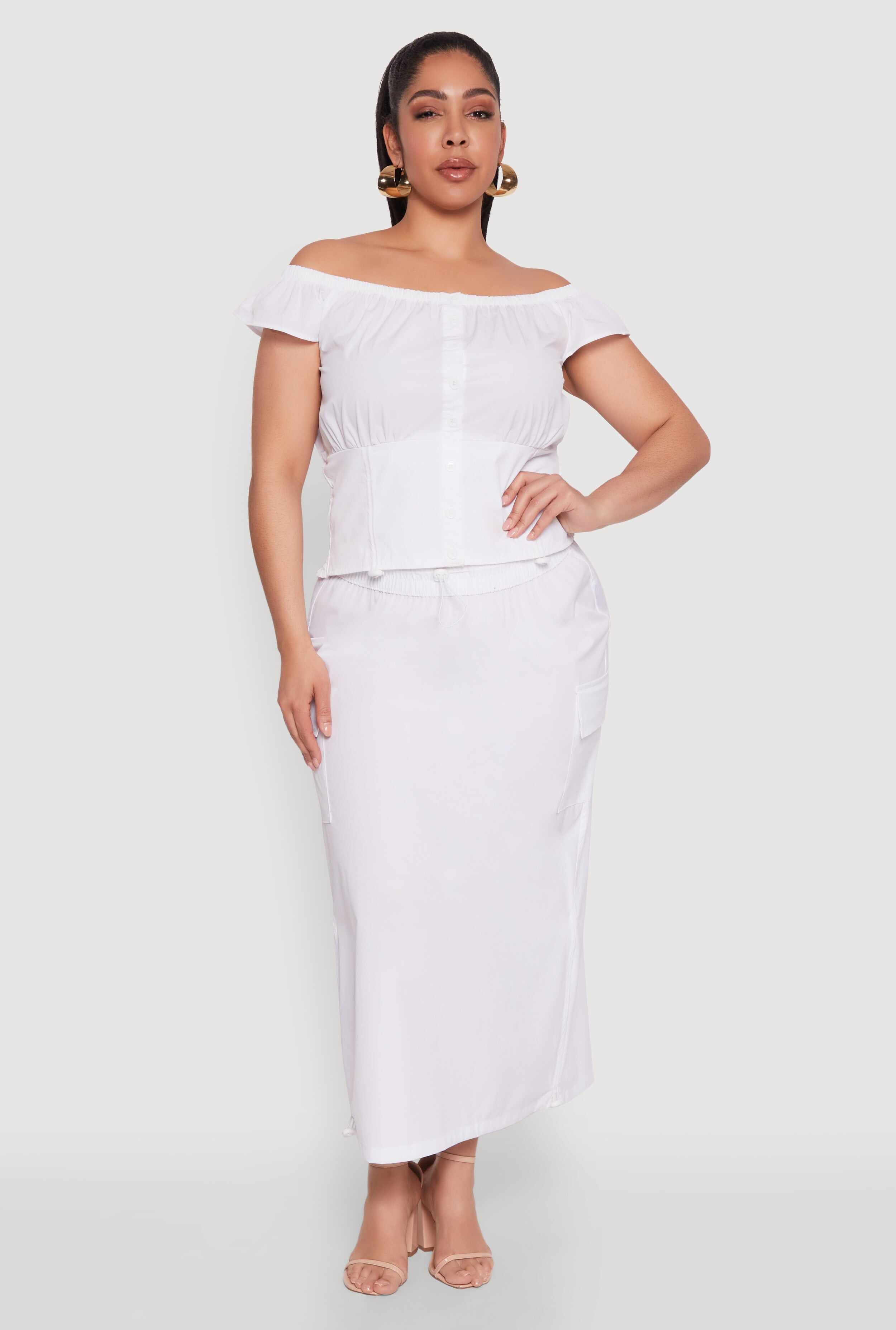 Plus Size Nylon Drawstring Cargo Maxi Skirt
