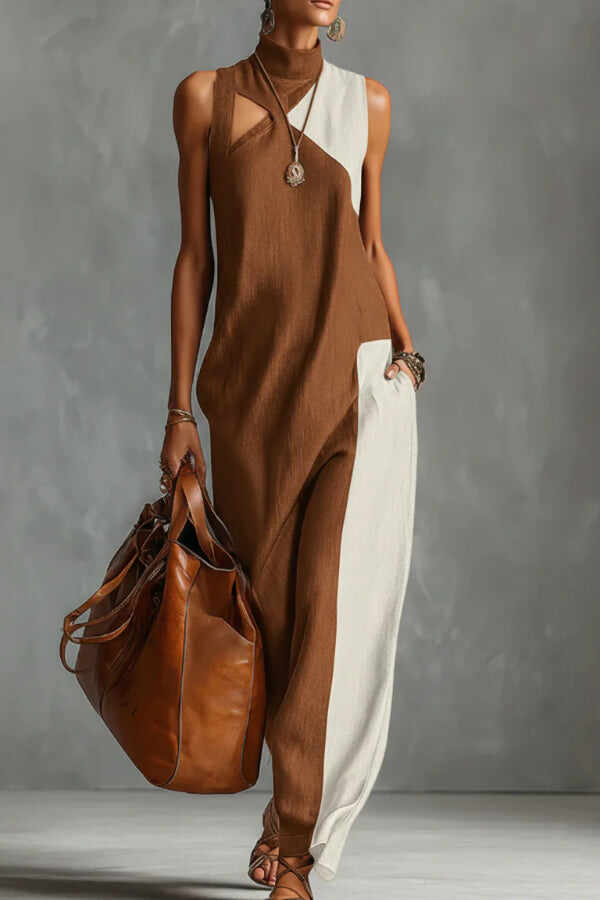 Stylish Color-blocked High-neck Sleeveless Casual Pocket Maxi Dress