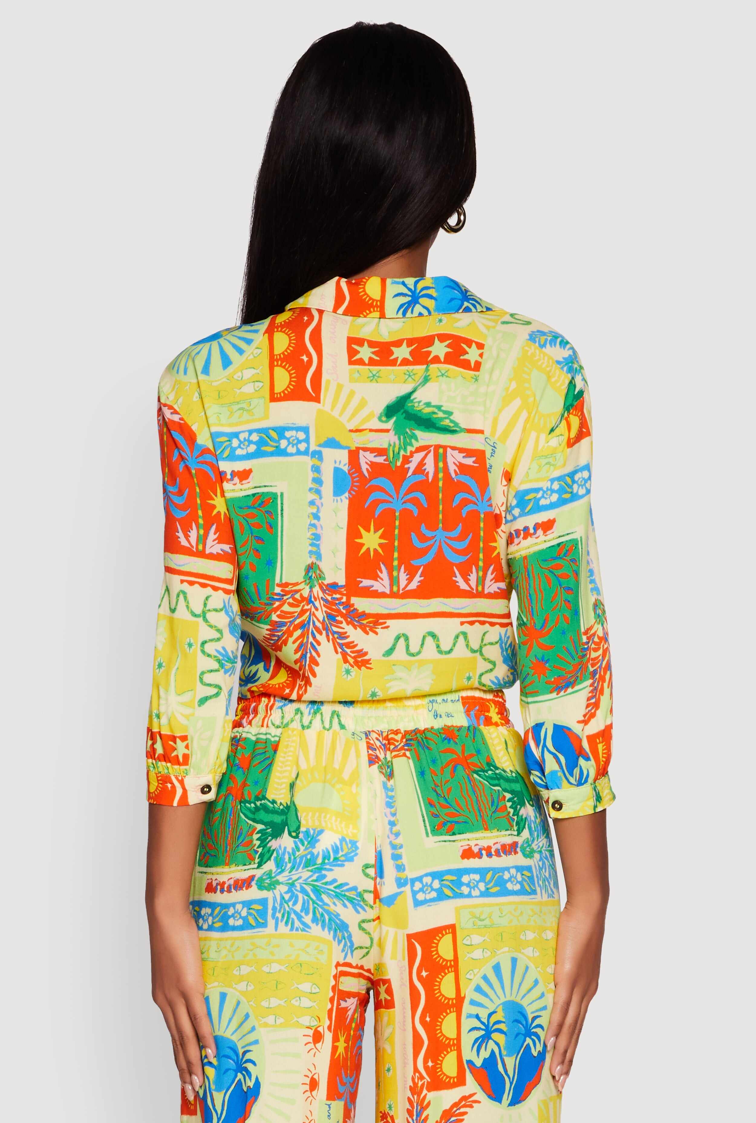 Printed Pattern Tie Front Crop Button Front Blouse