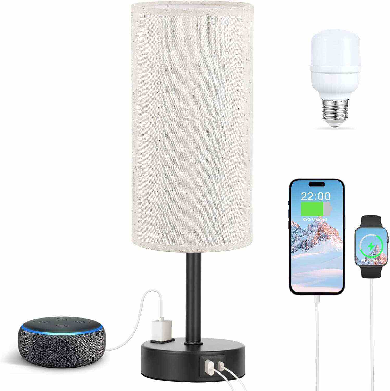 Bedside Table Lamp for Bedroom - 3 Way Dimmable Touch Lamp USB C Charging Ports and AC Outlet, Small Lamp Wood Base Round Flaxen Fabric Shade for Living Room, Desk, LED Bulb Included