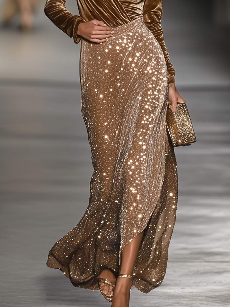 Velvet Sequin V-neck Evening Dress