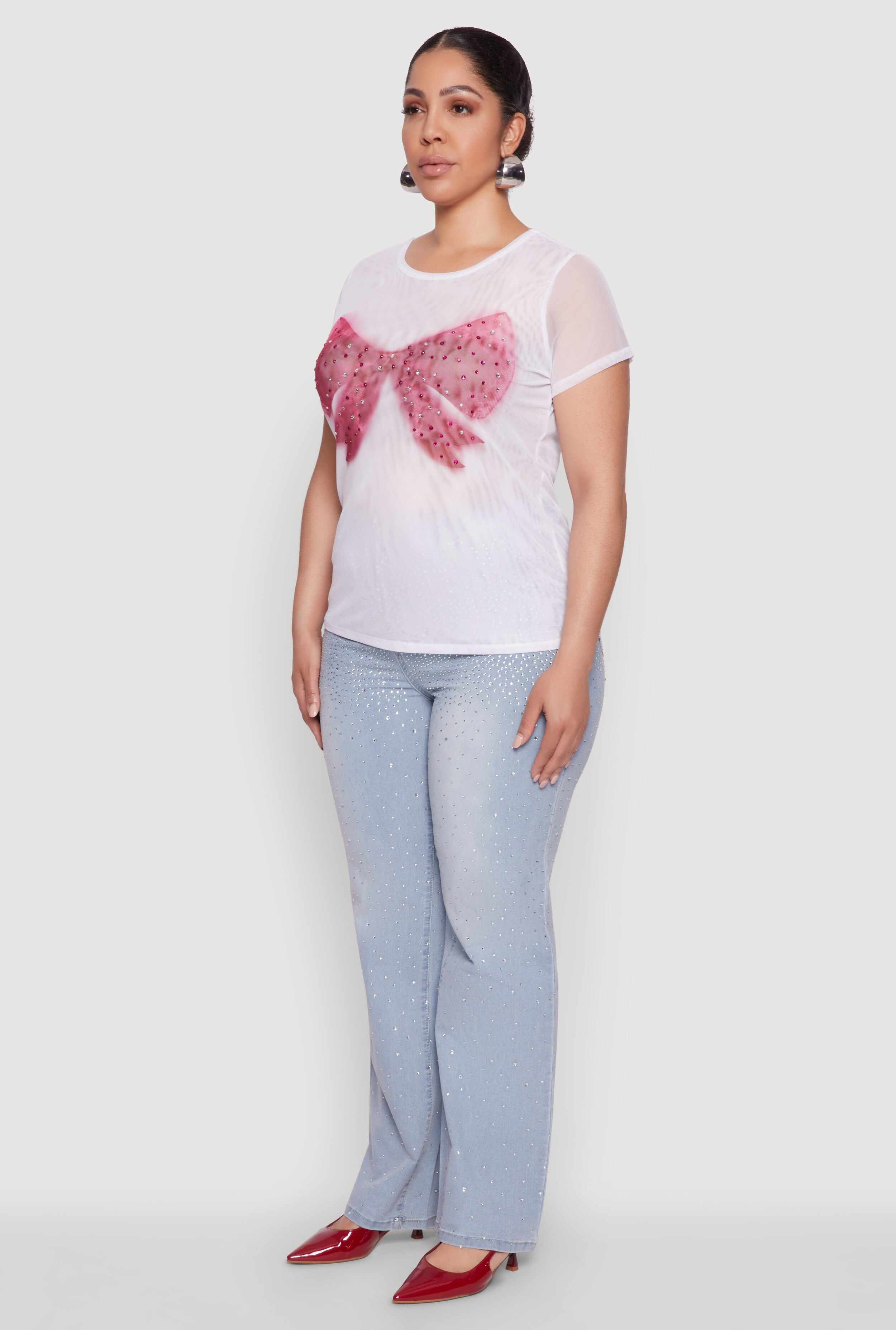 Plus Size Rhinestone Bow Graphic Mesh Top