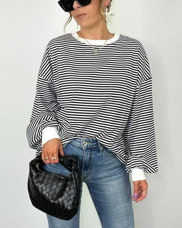 🔥Summer Arrivals🌟🌈Women's Casual Striped Crewneck Oversized Pullover