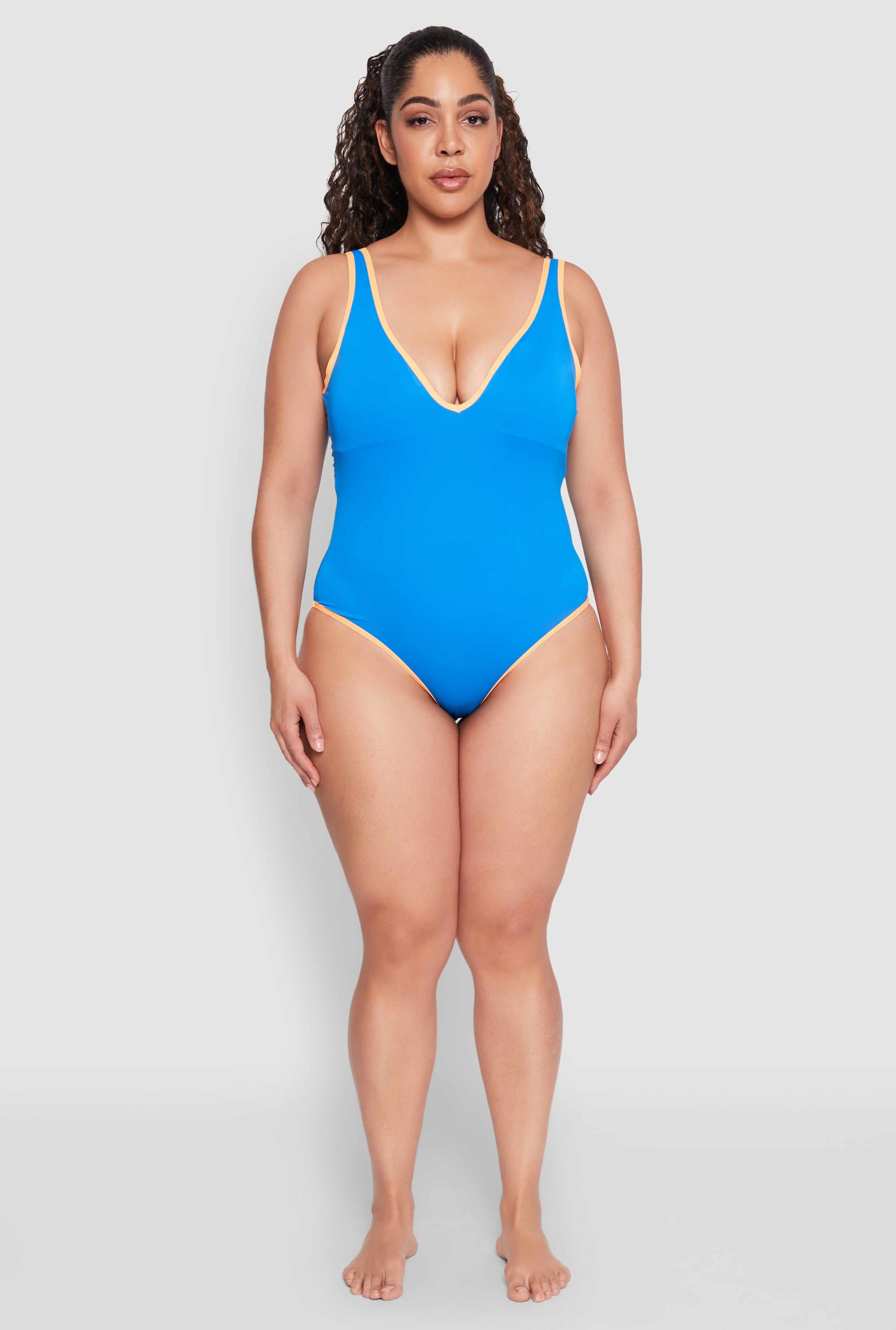Plus Size Plunge Contrast Trim Swimsuit