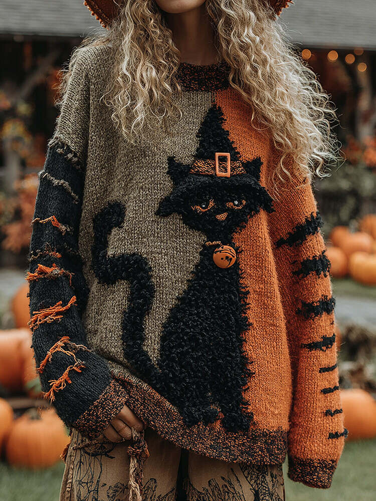 Halloween Cute Witch Cats Art Cozy Knit Sweater