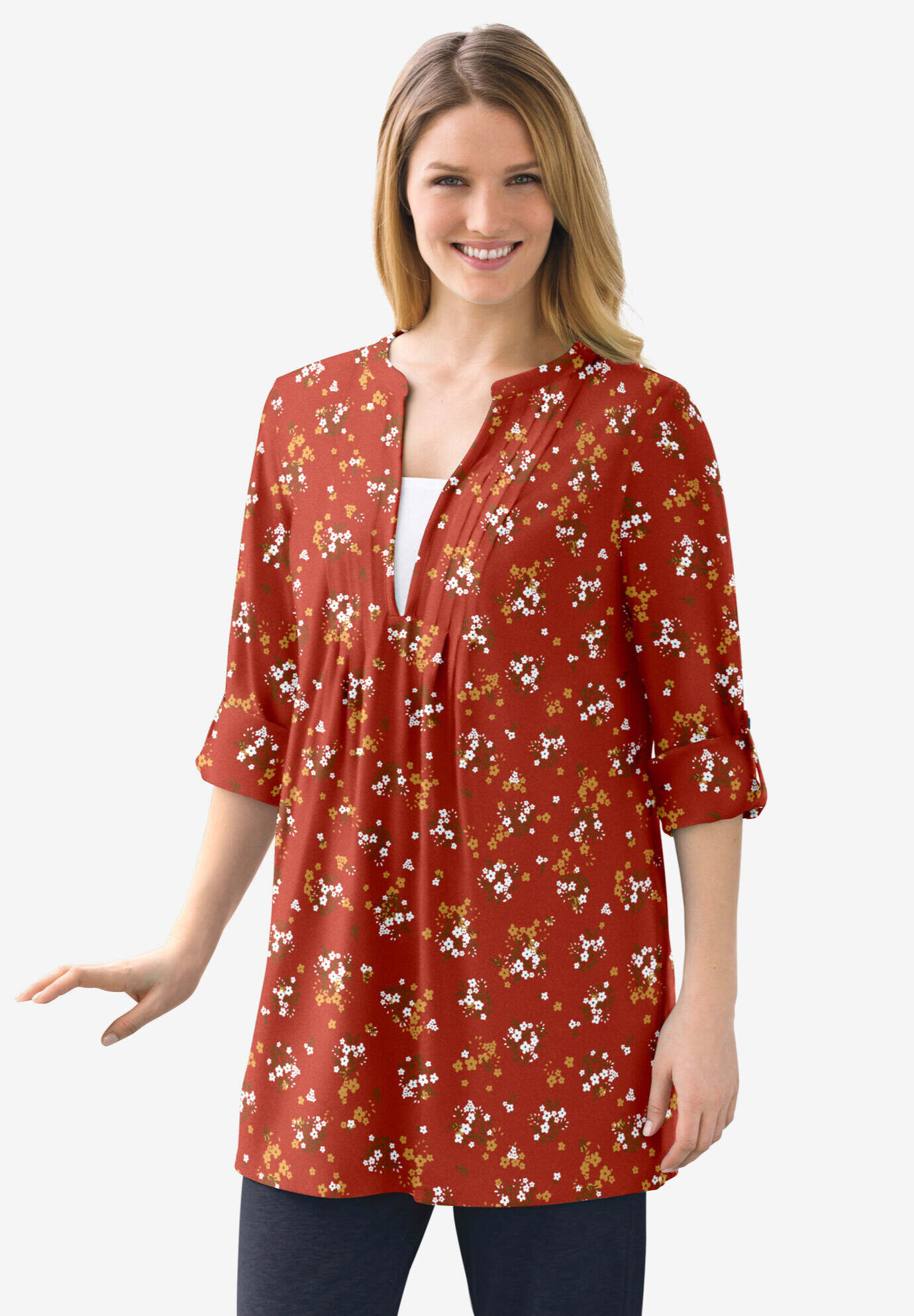 7-Day Box-Stitched Split Neck Tunic