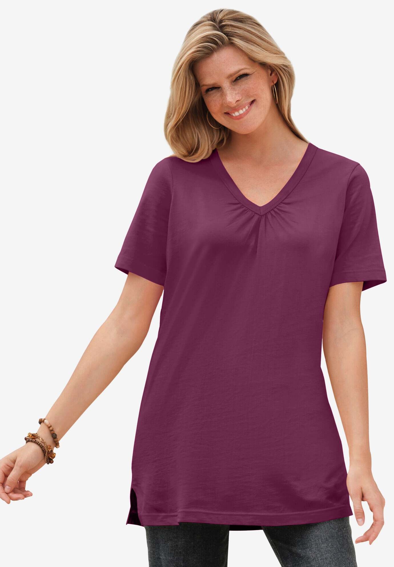Perfect Short-Sleeve Shirred V-Neck Tunic