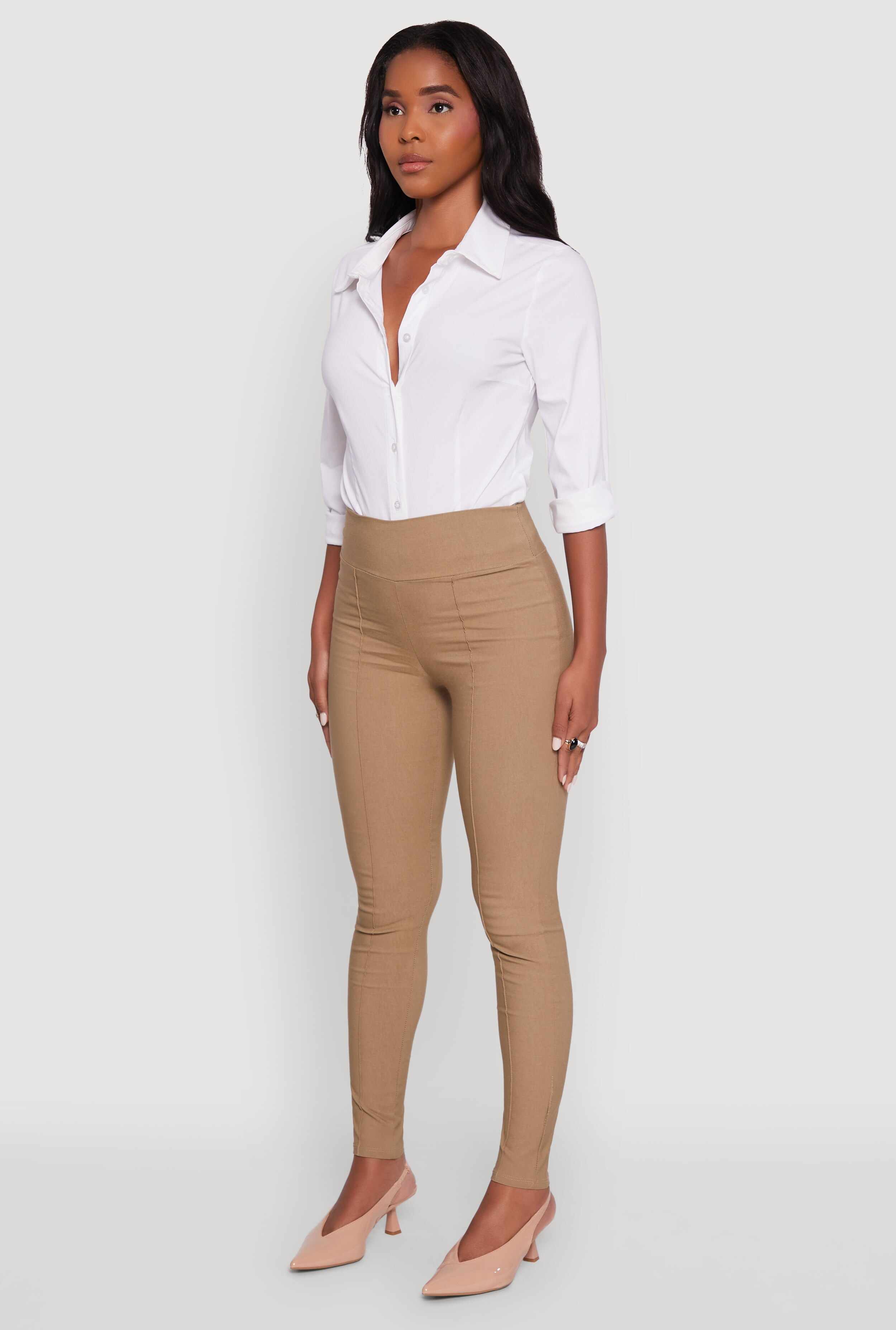 Stretchy Pintuck High Waisted Skinny Leg Chino