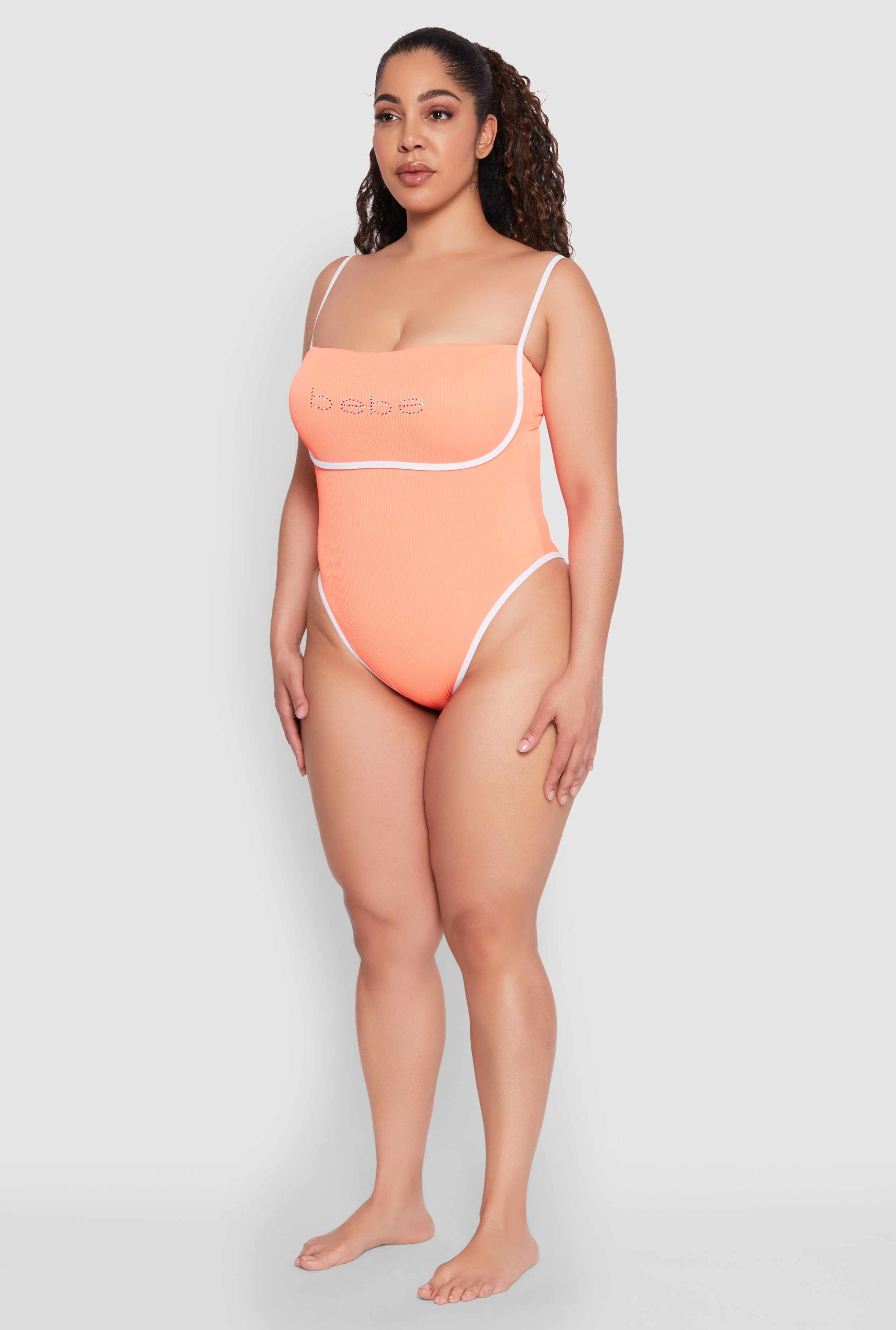 Plus Size Bebe Rhinestone Tie Back One Piece Swimsuit