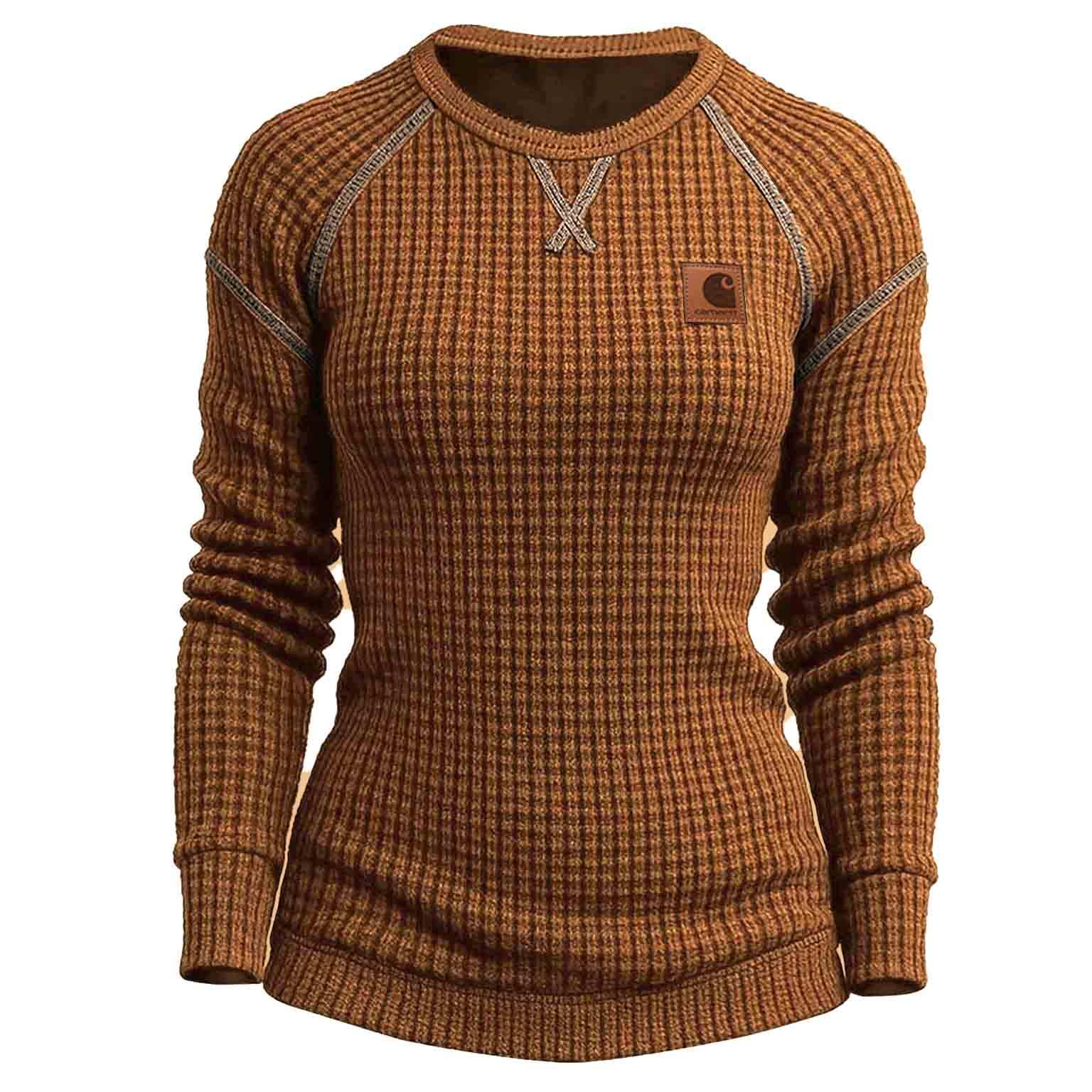 Women's Vintage Black Waffle Knit Crewneck Long Sleeve Sweatshirt