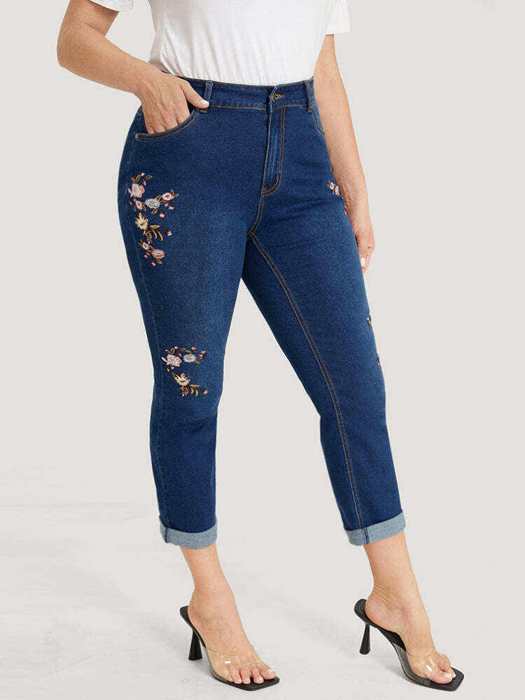 Straight Leg Very Stretchy Dark Wash Floral Embroidered Jeans