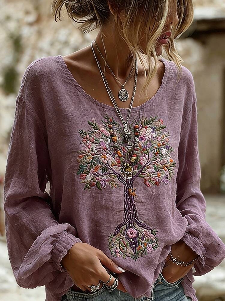 Digital Print Women's Round Neck Retro Bohemian Top