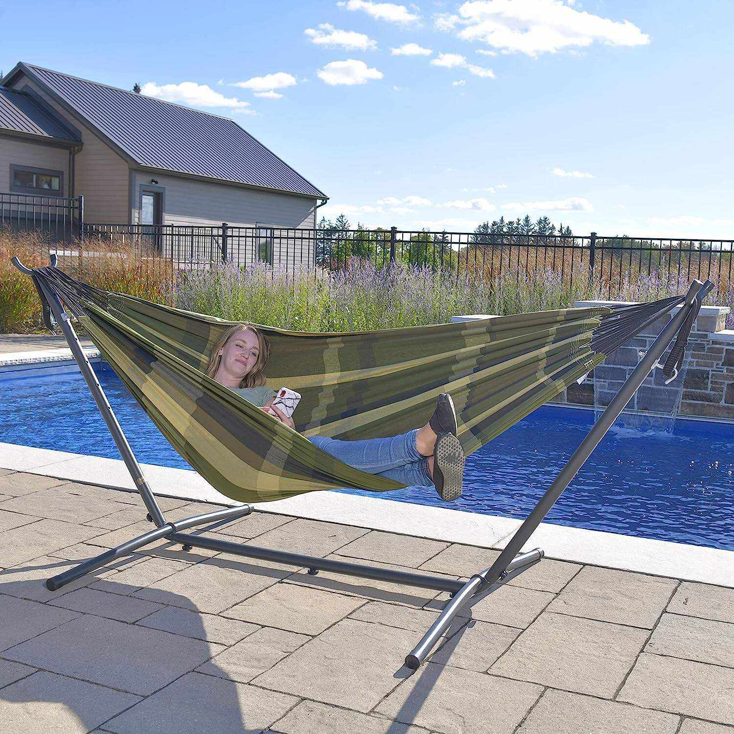 Double Cotton Hammock with Space Saving Steel Stand, Tropical (450 lb Capacity - Premium Carry Bag Included)