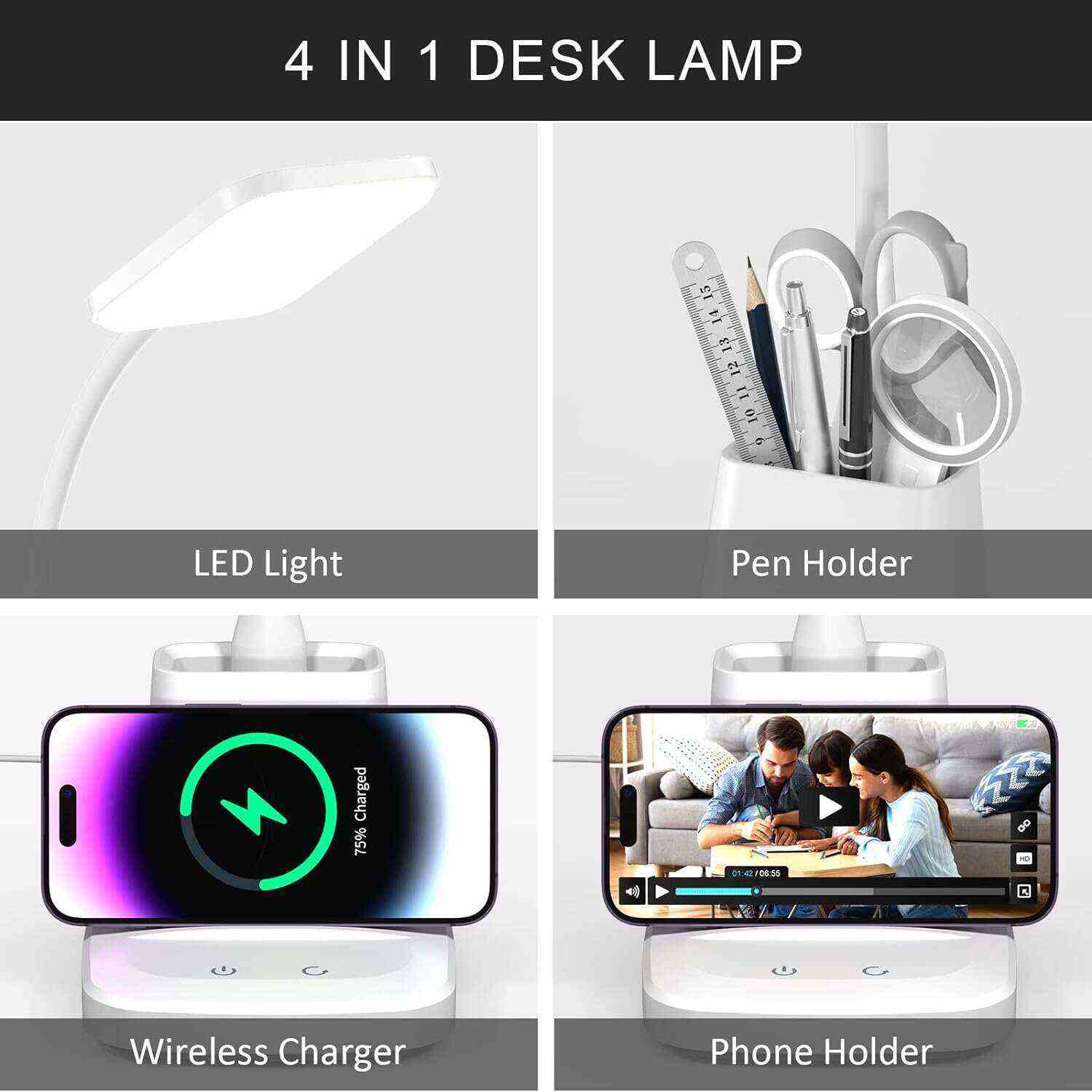 Desk Lamp with Wireless Charger, LED Desk Lamps for Home Office, 800 Lumens, Small Desk Lamp with Pen Holder, Flexible Arm, 3 Modes, Dimming, Touch Lamp for College Dorm Room