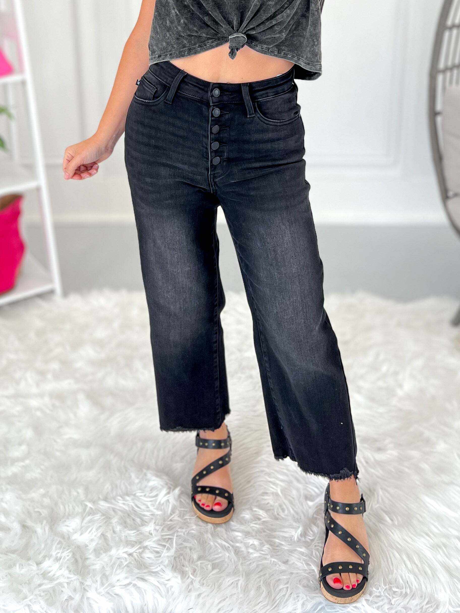 Ready To Rock - Christmas Button Fly Cropped Wide jeans- Final Sale