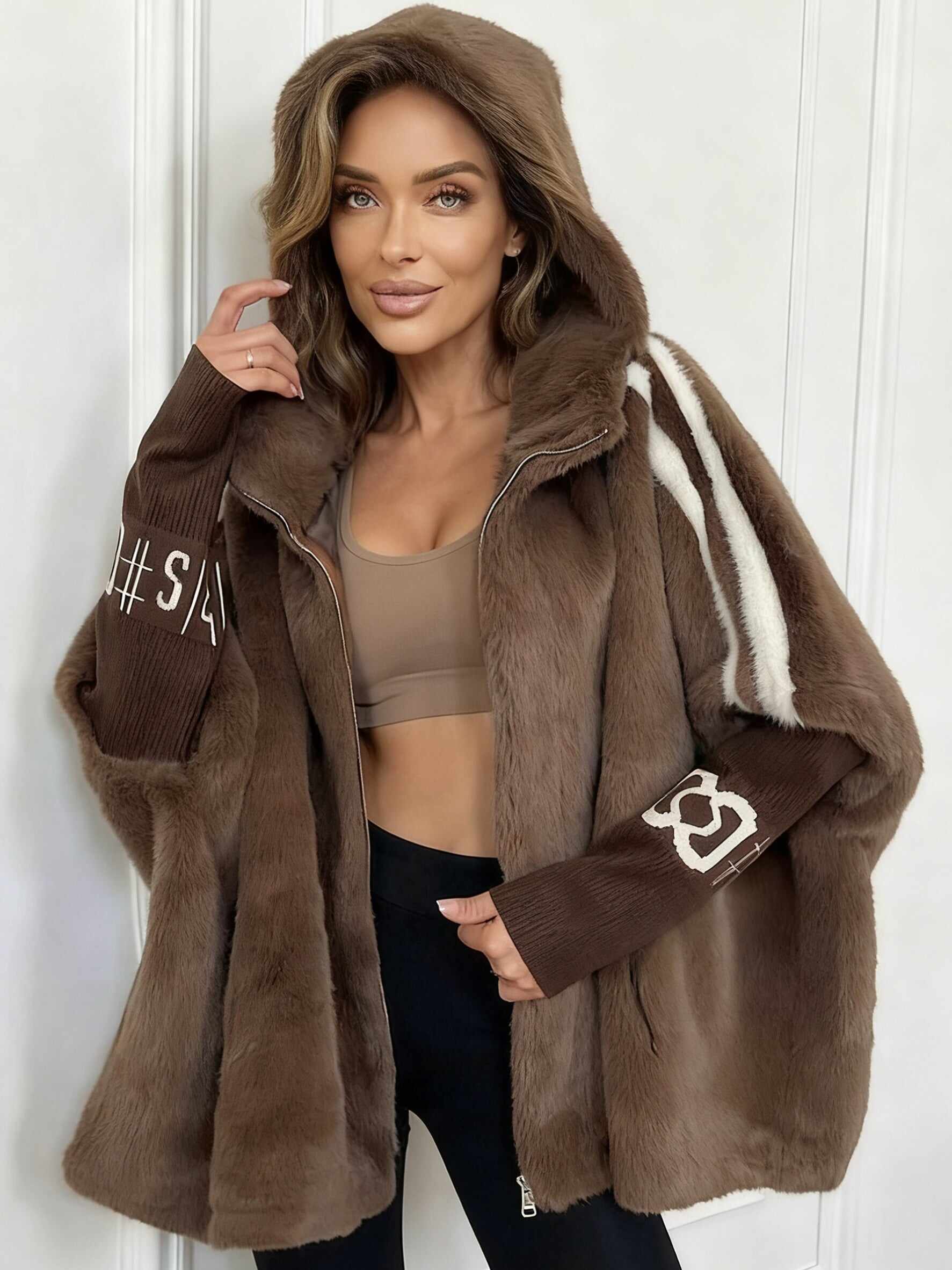 Women Plush Hooded Vertical Stripe Printed Casual Coat
