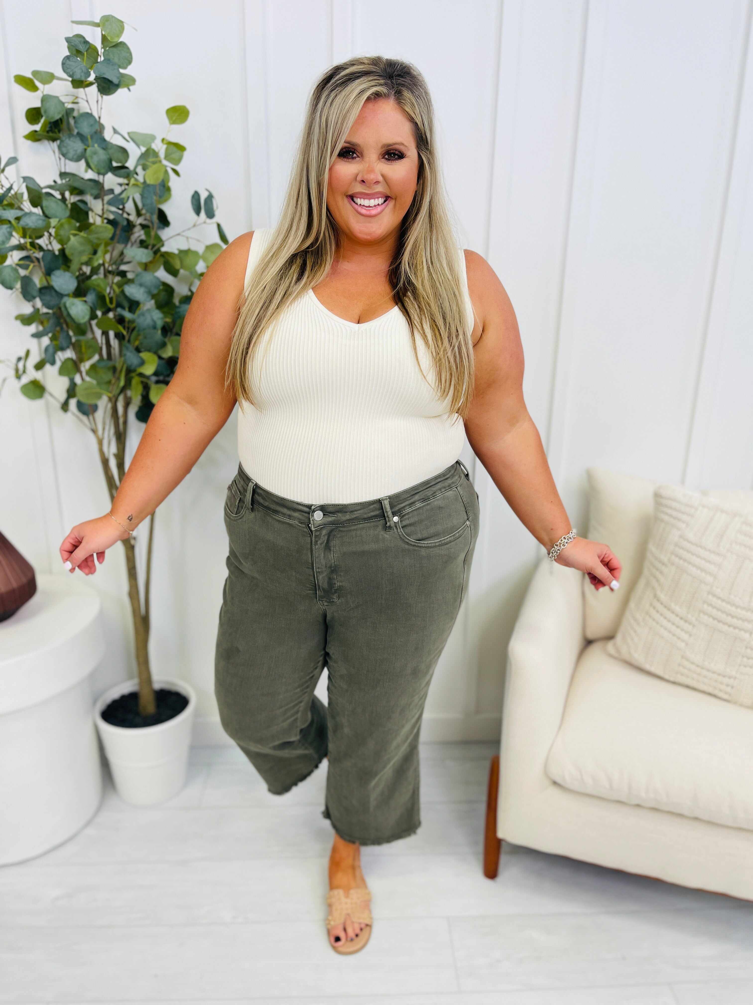 REG/CURVY Olive You Tummy Control Garment Dyed Wide Leg Cropped Jeans